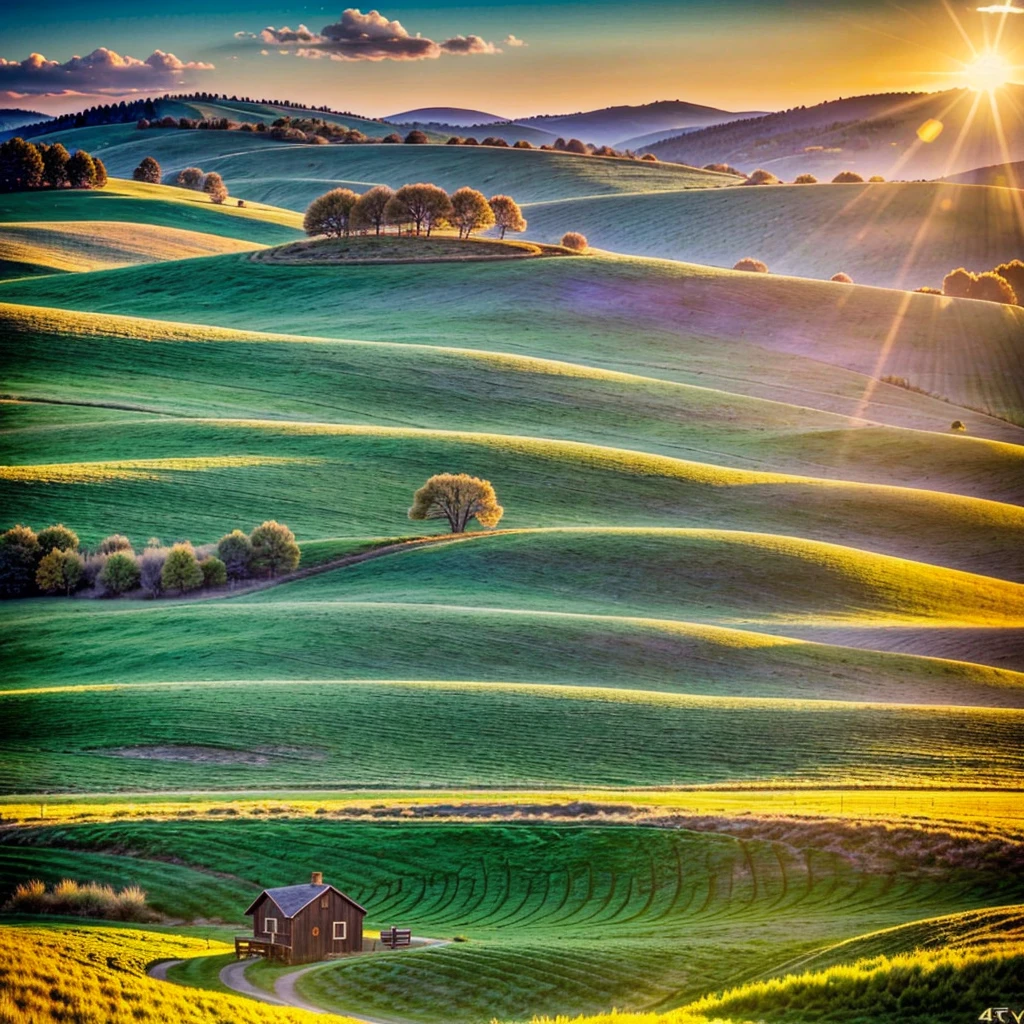 a cozy, nostalgic, and heartwarming scene, empty field, rolling hills, warm sunlight, glowing sunset, vibrant colors, detailed landscape, tranquil atmosphere, serene environment, peaceful countryside, idyllic scenery, beautiful sky, fluffy clouds, soft lighting, natural beauty, dreamlike quality, nostalgic feeling, comforting mood, (best quality,4k,8k,highres,masterpiece:1.2),ultra-detailed,(realistic,photorealistic,photo-realistic:1.37)
