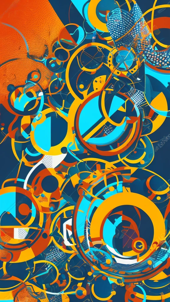 create an abstract composition with lines and graphic elements random modern geometric with vibrant texture and colors with light background+biomechanics science fiction+tribal