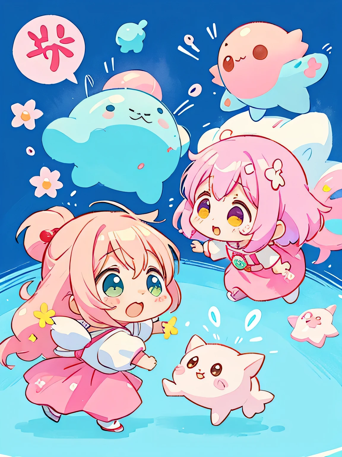 Momoko Sakura style、Kawaii Design,  (((Cute and colorful amoeba))), They are fighting, (((no people)))