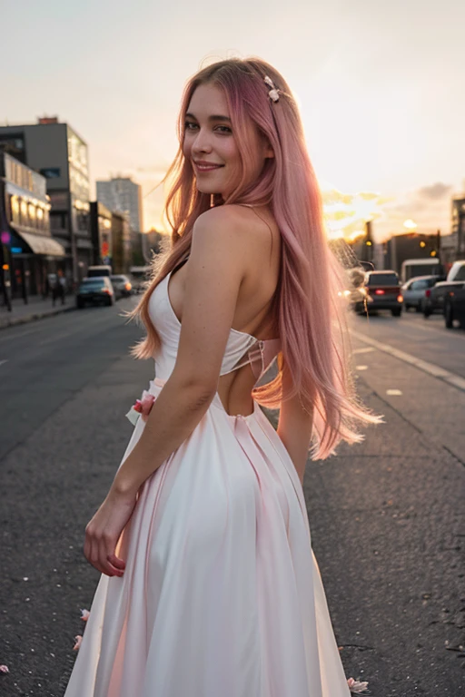 8k, Fine facial features, ultra-defined, pink white long hair, smiling, holding a flower, city street, chic evening dress with open hip, light makeup, smoky makeup, , photo with back to viewer, sunset, shot on vinyl film