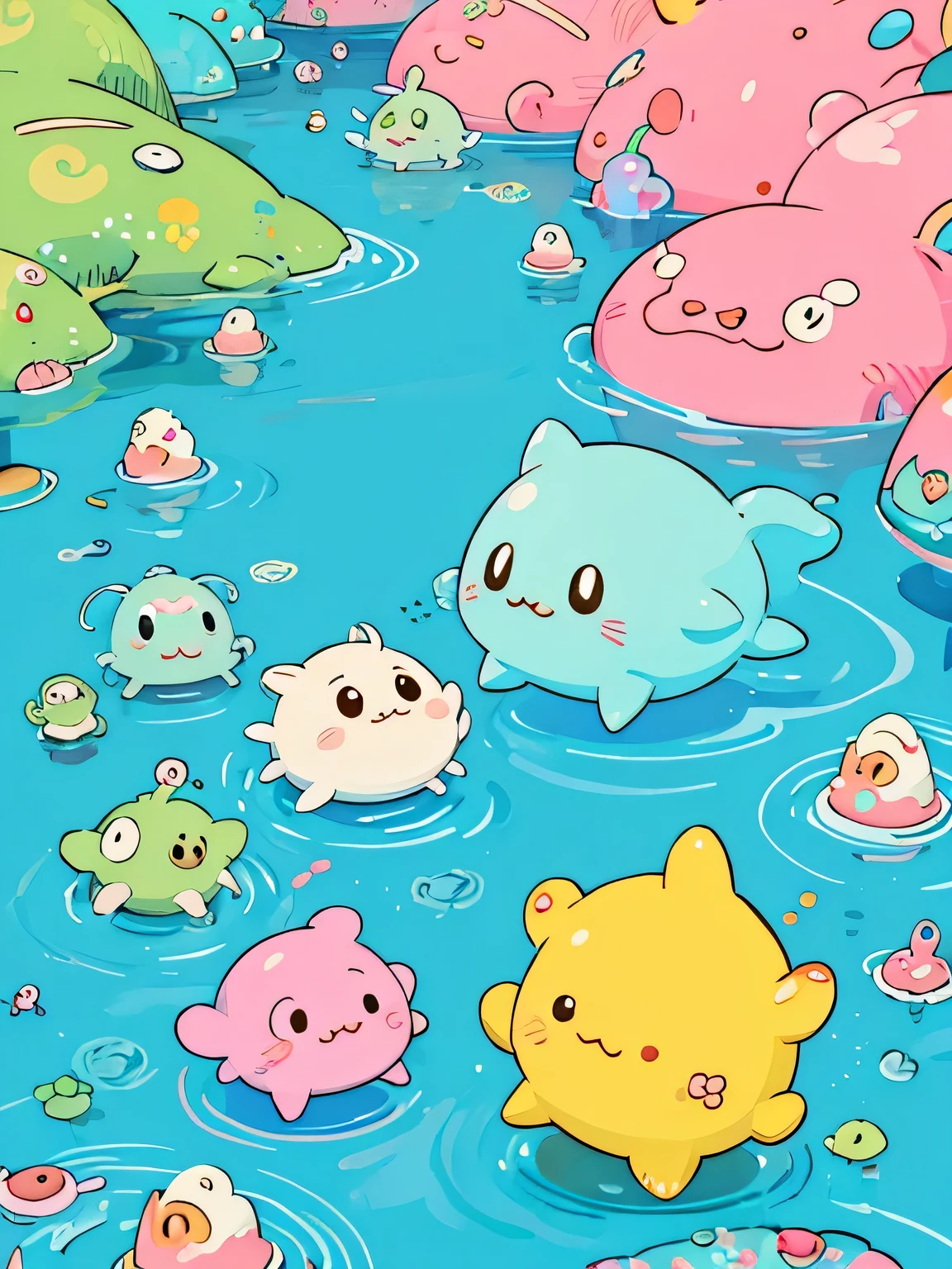 Hayao Miyazaki style、Kawaii Design,  (((Cute and colorful amoeba))), They are fighting, (((no people)))