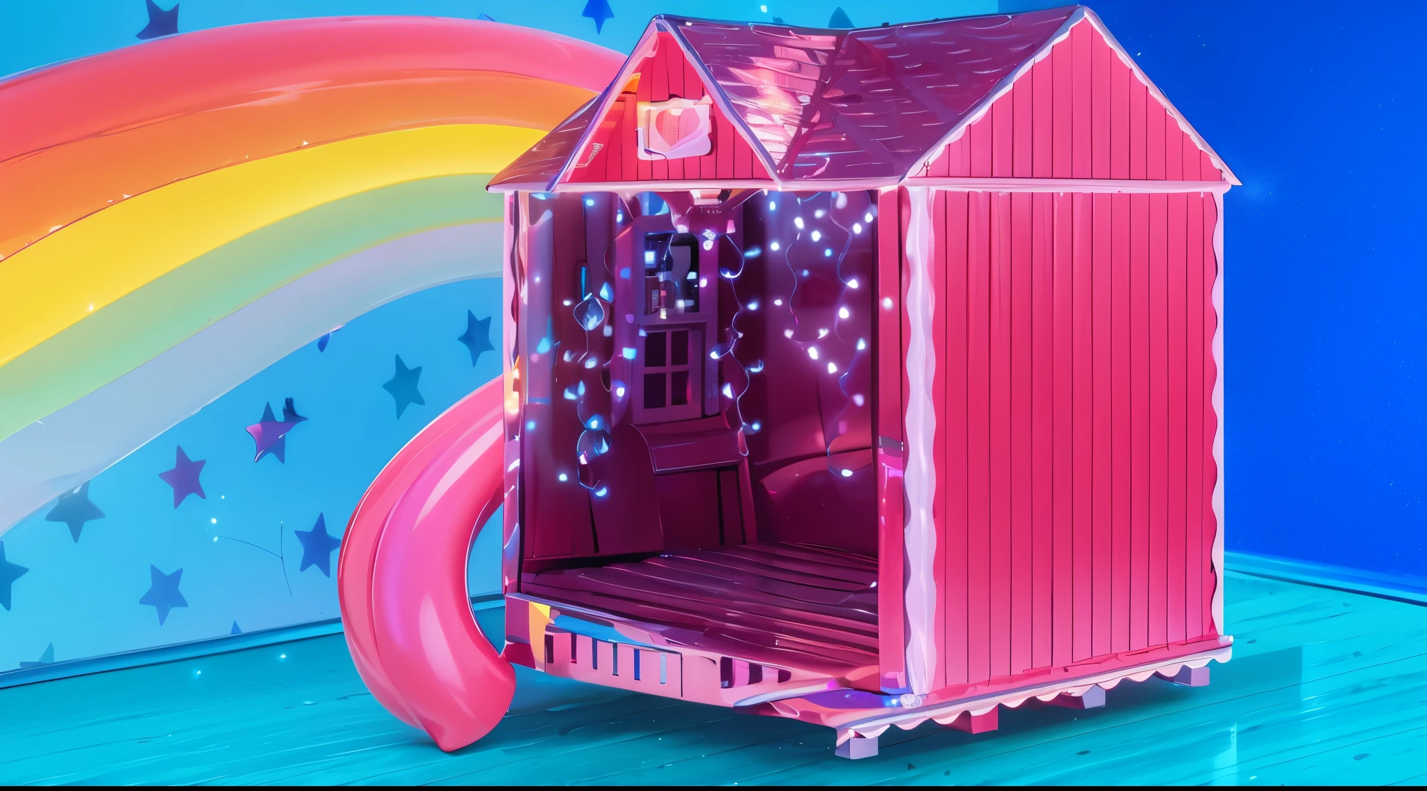 3d style, simplified design, 3d render, glossy texture, smooth 3d model, multiple light sources, rim light, sharp post effects render, (glossy plastic texture with multiple big light probe refractions), perfect cgi, smooth silhouette, high intensity refraction, (super glossy material), most beautiful vfx , blue background, plastic refractions, realistic, 4k, high resolution, rim light, photo shoot, commercial photo, profile shot, 4k, rim light, high resolution, 4k, glossy texture, smooth 3d model, multiple light sources, rim light, sharp post effects render, (glossy metallic texture with multiple big light probe refractions), perfect cgi, cgi art created only with gradients, smooth silhouette, high intensity refraction, (super glossy chrome material), most beautiful vfx, blue background, chrome metal refractions, multiple light sources, rim light, sharp post effects render, perfect cgi, digital art, detailed digital art, reflective, best quality, 4k, masterpiece:1.2, ultra-detailed, realistic, vivid colors, dark and moody lighting, The image of the highest quality, ensuring every detail is showcased perfectly. It in 4k resolution, allowing viewers to immerse themselves in the richness of the colors and intricate details. The realistic rendering. under the spotlight, reflecting, high-resolution image, realistic rendering, dark background, and rim light photorealistic The image features three characters standing in front of three houses. The characters are a red-haired mermaid, a purple cat, and an orange dog. They are each holding a yellow maraca