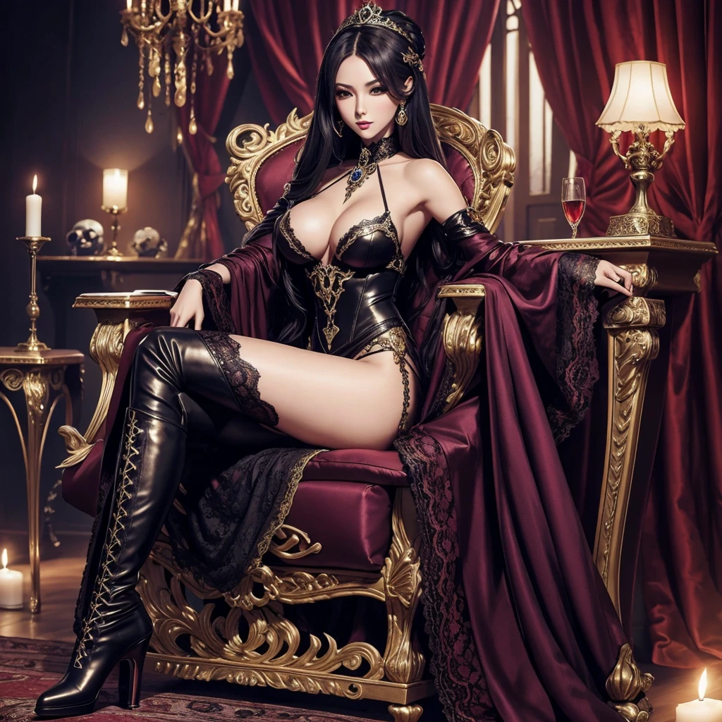 fantasy style, 1 magician girl, beautiful, slender, sexy, big breasts, makeup, expensive luxury fantasy magician dress, skull decoration, long high heeled boots, lace stockings, in the room, on the chair, hentai,