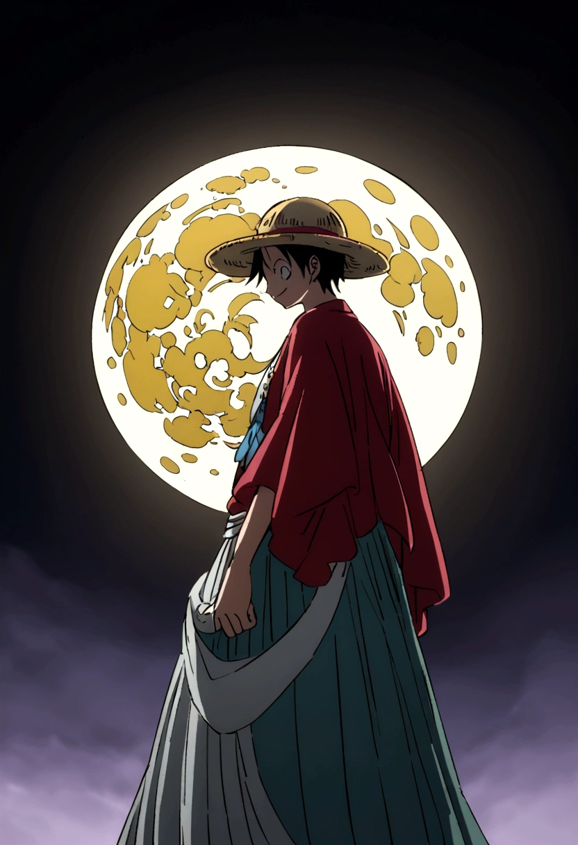 Peux tu me générer une image de Monkey D. Luffy dans one peace, avec son chapeau de paille, de dos qui regarde la lune. Ciel sombre et lune très brillante.