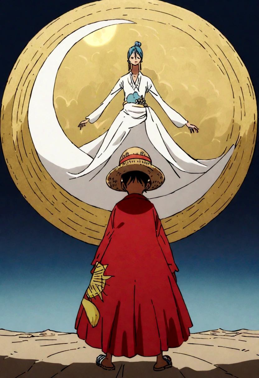 Peux tu me générer une image de Monkey D. Luffy dans one peace, avec son chapeau de paille, de dos qui regarde la lune. Ciel sombre et lune très brillante.