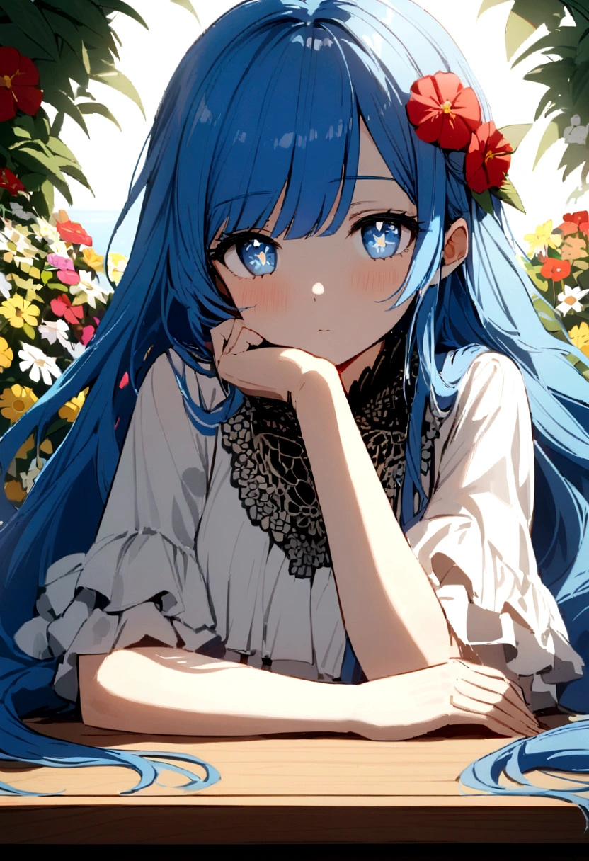 A girl wearing a Indonesia high , her eyes are ocean blue with a stars pupils, her hair look like a waves (blue hair/very long hair), her arm are on the desk at the flower park, she was resting her head on her palm.