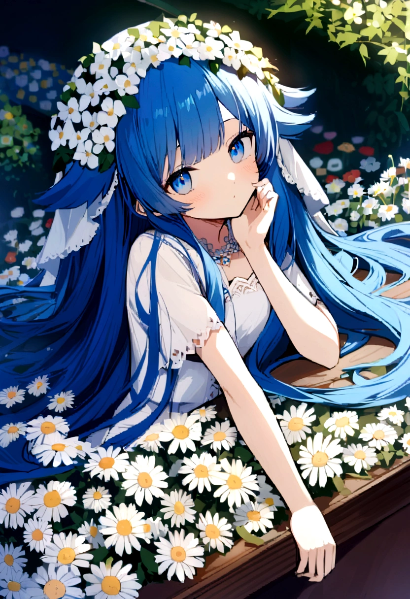 A girl wearing a Indonesia high , her eyes are ocean blue with a stars pupils, her hair look like a waves (blue hair/very long hair), her arm are on the desk at the flower park, she was resting her head on her palm.