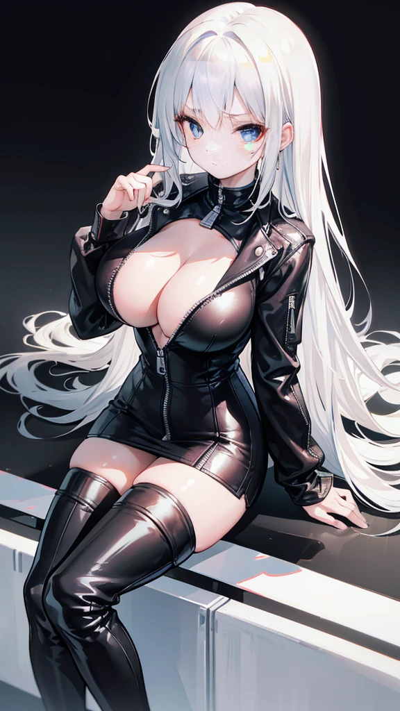 beautiful girl，(Racing girl)，Leather jumpsuit，(黑色Leather jumpsuit)，Leather Clothes，White long hair，(White hair)，(Bangs)，Zipper open，(Leather jacket zipped up)，((Cleavage))，Open your heart，(Shy expression)，Sit on a race car，Blue sky and white clouds，(Big Tits)，((Super big breasts))，Leg ring，((miniskirt))，((Over the knee boots))