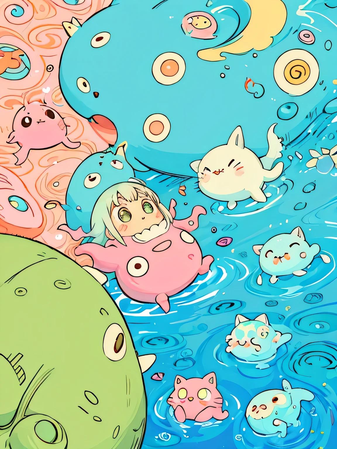 Hayao Miyazaki style、Kawaii Design,  (((Cute and colorful amoeba))), They are fighting, (((no people)))