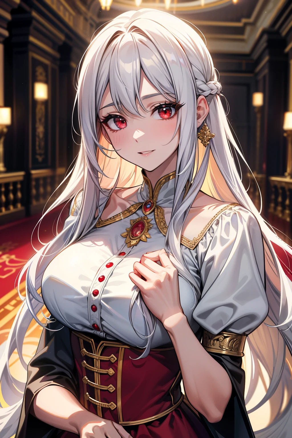 (best quality:1.1), (Masterpiece:1.2), lady, Shiny white hair, red eyes, long hair, ใบหน้าbeautiful, luxary dress, Big breasts, beautiful, collarbone, open chest, Bright face,  Royal high, hall background, ริมฝีปากอมชมพู, เครื่องประดับหรูหรา ((Highest quality, Best Performance, Maximum details, Light and shadow details:1.2, 4k details))