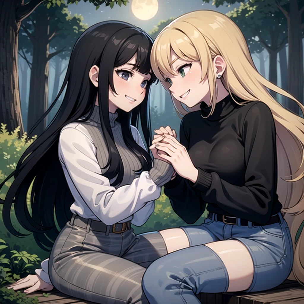   Devious Lesbian Girls in Black Sweaters, gray camouflage pants, smiling and looking at each other seductively, forest at night, 