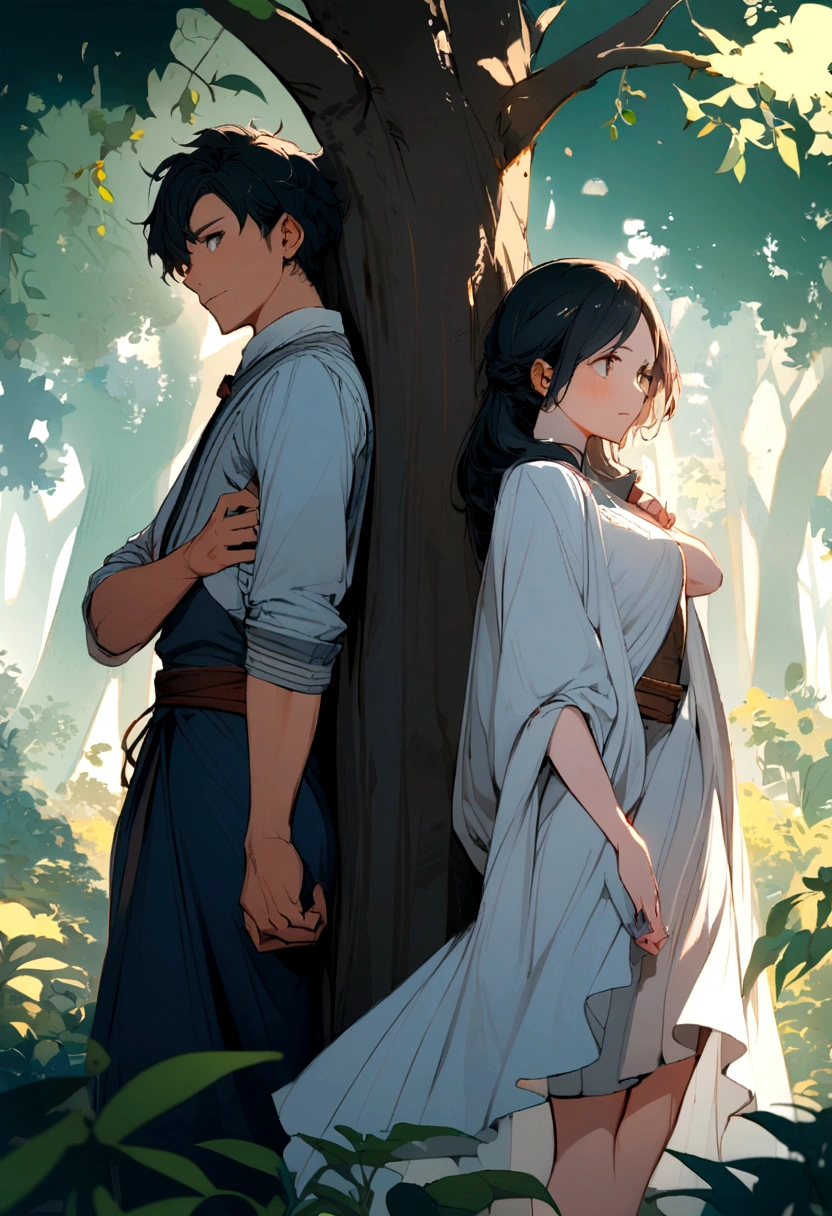 A boy and a girl standing back to back under a tree