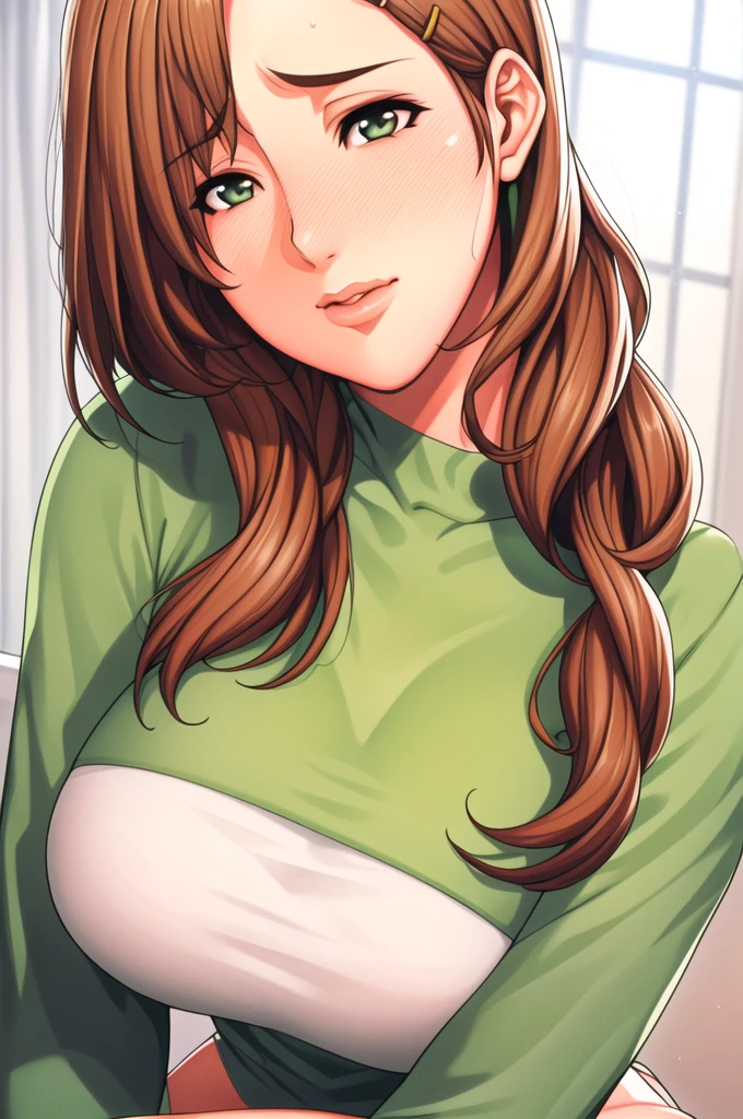 Simple White Background,
green shirt,long sleeves,
brown_hair,brown_eyes,hair_ornament,hairclip,braid,
1 girl, 20yo,Young female,Beautiful Finger,Beautiful long legs,Beautiful body,Beautiful Nose,Beautiful character design, perfect eyes, perfect face,expressive eyes,perfect balance,
looking at viewer,(Focus on her face),closed mouth, (innocent_big_eyes:1.0),(Light_Smile:0.3),
official art,extremely detailed CG unity 8k wallpaper, perfect lighting,Colorful, Bright_Front_face_Lighting,White skin,
(masterpiece:1.0),(best_quality:1.0), ultra high res,4K,ultra-detailed,
photography, 8K, HDR, highres, absurdres:1.2, Kodak portra 400, film grain, blurry background, bokeh:1.2, lens flare, (vibrant_color:1.2),professional photograph,
(Beautiful,large_Breasts:1.4), (beautiful_face:1.5),(narrow_waist),
