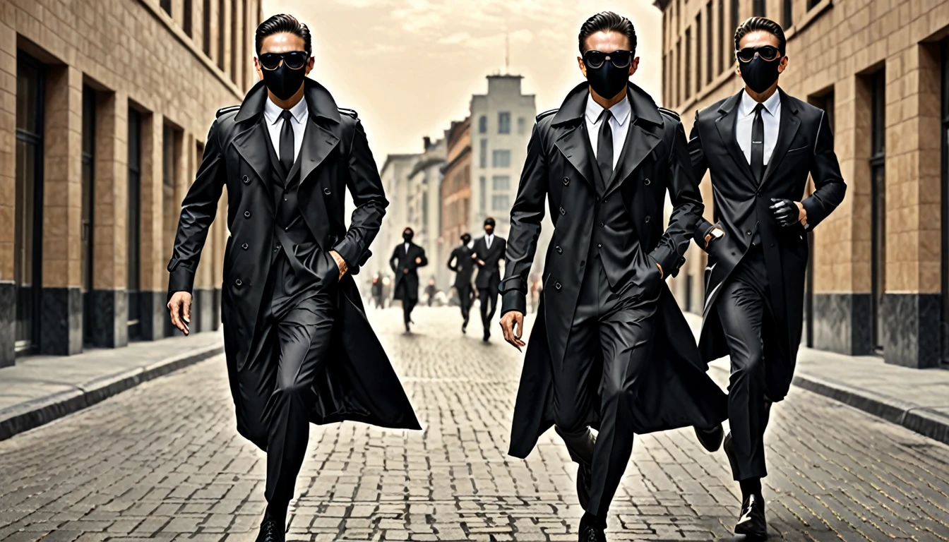 3 Sprint Guys, black trench coat, black oakley sunglasses, black hunter mask, the man chasing, amazing quality, (masterpiece), (high quality), 8K, high resolution, extremely detailed, photorealistic, black formal wear, lean body, lively sprint form, 