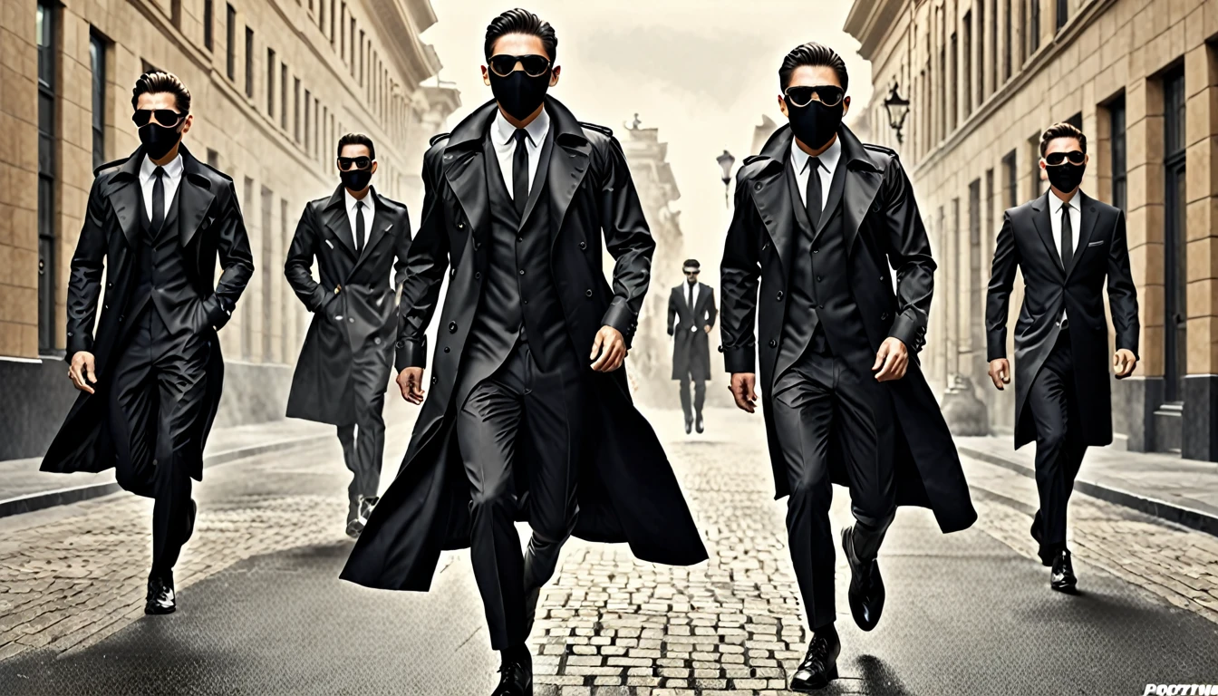 3 Sprint Guys, black trench coat, black oakley sunglasses, black hunter mask, the man chasing, amazing quality, (masterpiece), (high quality), 8K, high resolution, extremely detailed, photorealistic, black formal wear, lean body, lively sprint form, 