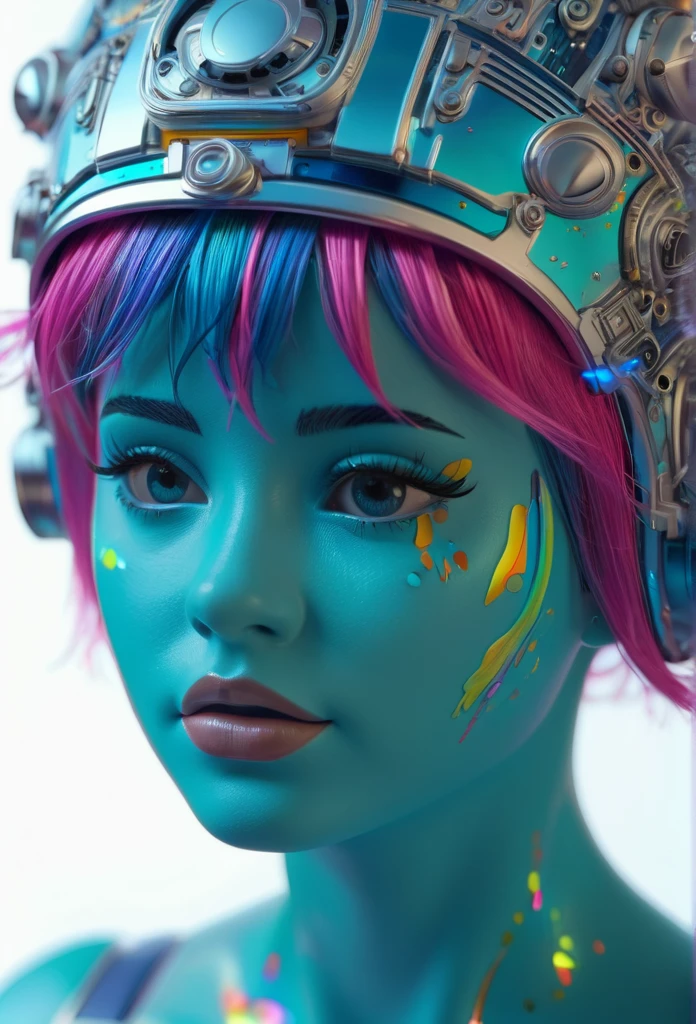 portrait of an astronaut nude toon doll with cyan hair, full body raw candid cinema, 8k, best quality, masterpiece, don bluth style, photographic, realistic, sad atmosphere, dark lighting, oppressive atmosphere, depressive colors, kodak portra 400, natural light, pinhead lights, blur reflection, brush strokes, smooth, abstract, splatter, oil on canvas, rainbow colors, fractal isometric details, bioluminescent, 3d render, octane render, intricately detailed, titanium decorative headdress, cinematic, trending on artstation