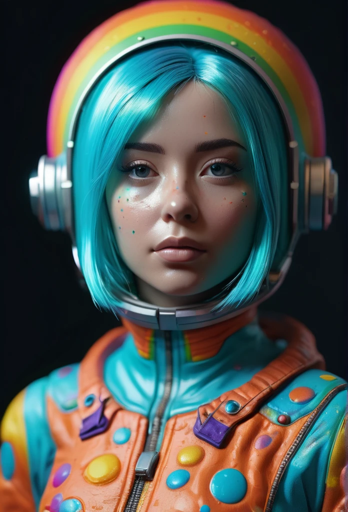 portrait of an astronaut nude toon doll with cyan hair, full body raw candid cinema, 8k, best quality, masterpiece, don bluth style, photographic, realistic, sad atmosphere, dark lighting, oppressive atmosphere, depressive colors, kodak portra 400, natural light, pinhead lights, blur reflection, brush strokes, smooth, abstract, splatter, oil on canvas, rainbow colors, fractal isometric details, bioluminescent, 3d render, octane render, intricately detailed, titanium decorative headdress, cinematic, trending on artstation