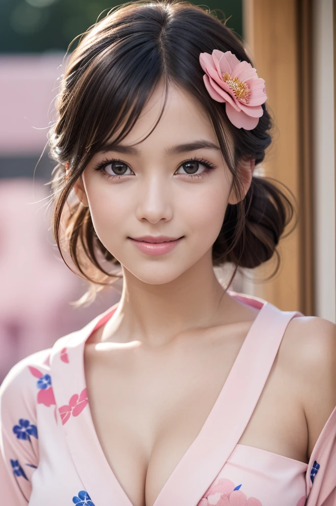 (1ung girl), Extremely cute face, Amazing face and eyes, (Highly detailed eyes, Highly detailed face), updo hairstyles, Very clean appearance, (Hyper-realistic, hight resolution), (Best Quality:1.4), Raw photo, (Realistic, Photorealsitic:1.37), Professional Photography, (light pink floral pattern yukata:1.5), (Open yukata), (cleavage:1.2), (Bare shoulders), Smile slightly, (Staring at me), Bedroom, girl portrait,