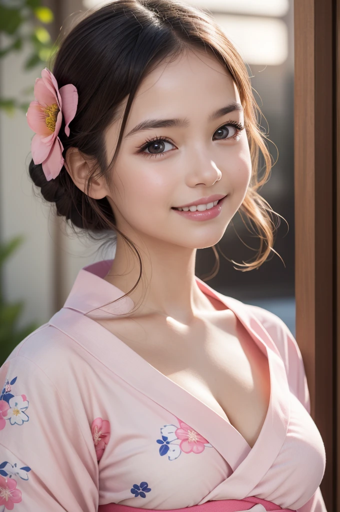 1woman, extremely sexy woman, Amazing face and eyes, (highly detailed eyes, highly detailed face), (floral pattern kimono:1.2), (extremely beautiful kimono), (cleavage:1.2), caute smile, (best quality:1.4), (Ultra realistic, high res), Raw photo, (realistic, photo-realistic:1.37), professional photography, cinematic light, old temple, cherry blossoms,