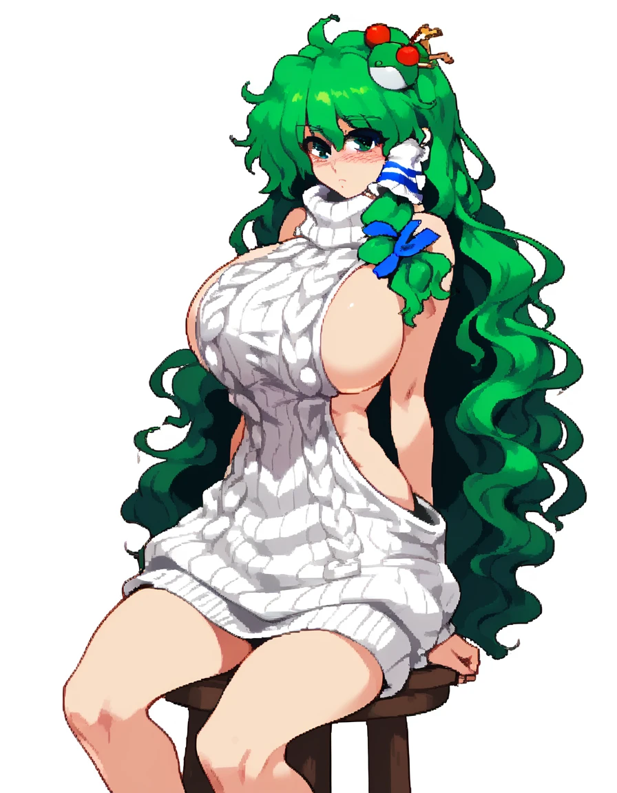 Expressive, score_9, score_8_up, score_9_up, Touhou, masterpiece, high quality, highly detailed, 1girl, kochiya sanae, solo, green hair, long hair, green eyes, long hair, big breasts, blush, round breasts,,,,,, frog hair ornament, hair tubes, snake hair ornament,,,, thin waist, sit on stool, white background,, virgin killer sweater, 
