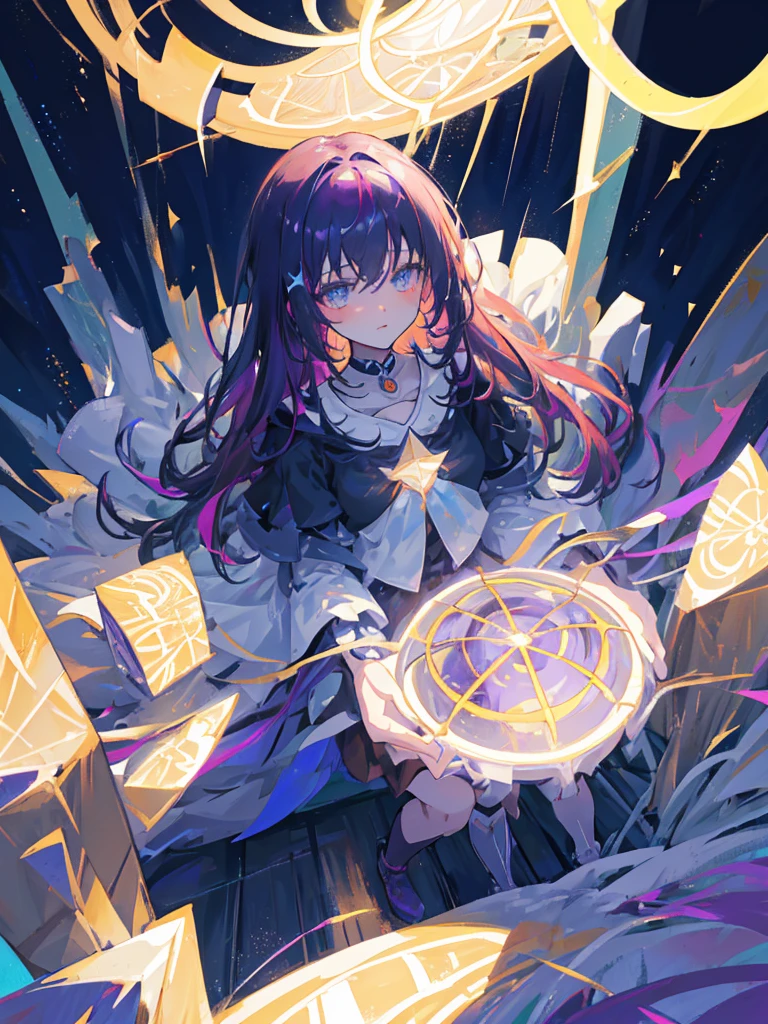 an anime girl with a detailed and vibrant design. She should have long, flowing purple hair styled in a goth fashion with bangs and perhaps a couple of long strands framing her face. Her hair color should vary from deep violet to lighter purple, adding depth and texture.

The anime girl is dressed in a dark, elegant goth-style outfit. The dress is intricate, with lace and subtle patterns that reflect a gothic aesthetic. It includes puffed sleeves and a layered skirt that reaches just above her knees, showing her knee-high, dark boots with buckles and straps. She is wearing a choker with a small pendant. Her skin tone is fair, and her expression is calm and focused, with large, expressive eyes that give a sense of depth and emotion.

She is gently holding a glowing zorb in both hands, positioned in front of her chest. The zorb is a transparent, slightly luminous sphere with magical inner glow effects. It should have a clear, crystalline appearance, with light refractions and reflections that give it a mystical and otherworldly look. The glow from the zorb softly illuminates her face and hands, creating gentle highlights and shadows that enhance the overall scene.

The background is a starry night sky with a gradient transitioning from deep blue at the top to nearly black at the bottom. Scattered across the sky are small, twinkling stars that resemble Ethereum (ETH) logos, giving the scene a unique and futuristic touch. The stars vary in size and brightness, adding depth to the night sky. The Ethereum logos should be subtle but recognizable, integrating seamlessly with the other stars.