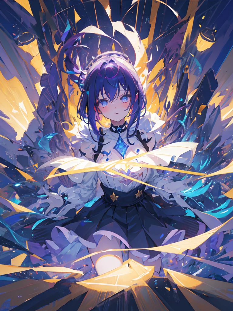an anime girl with a detailed and vibrant design. She should have long, flowing purple hair styled in a goth fashion with bangs and perhaps a couple of long strands framing her face. Her hair color should vary from deep violet to lighter purple, adding depth and texture.
The anime girl is dressed in a dark, elegant goth-style outfit. The dress is intricate, with lace and subtle patterns that reflect a gothic aesthetic. It includes puffed sleeves and a layered skirt that reaches just above her knees, showing her knee-high, dark boots with buckles and straps. She is wearing a choker with a small pendant. Her skin tone is fair, and her expression is calm and focused, with large, expressive eyes that give a sense of depth and emotion.
She is gently holding a glowing zorb in both hands, positioned in front of her chest. The zorb is a transparent, slightly luminous sphere with magical inner glow effects. It should have a clear, crystalline appearance, with light refractions and reflections that give it a mystical and otherworldly look. The glow from the zorb softly illuminates her face and hands, creating gentle highlights and shadows that enhance the overall scene.
The background is a starry night sky with a gradient transitioning from deep blue at the top to nearly black at the bottom. Scattered across the sky are small, twinkling stars that resemble Ethereum (ETH) logos, giving the scene a unique and futuristic touch. The stars vary in size and brightness, adding depth to the night sky. The Ethereum logos should be subtle but recognizable, integrating seamlessly with the other stars.
