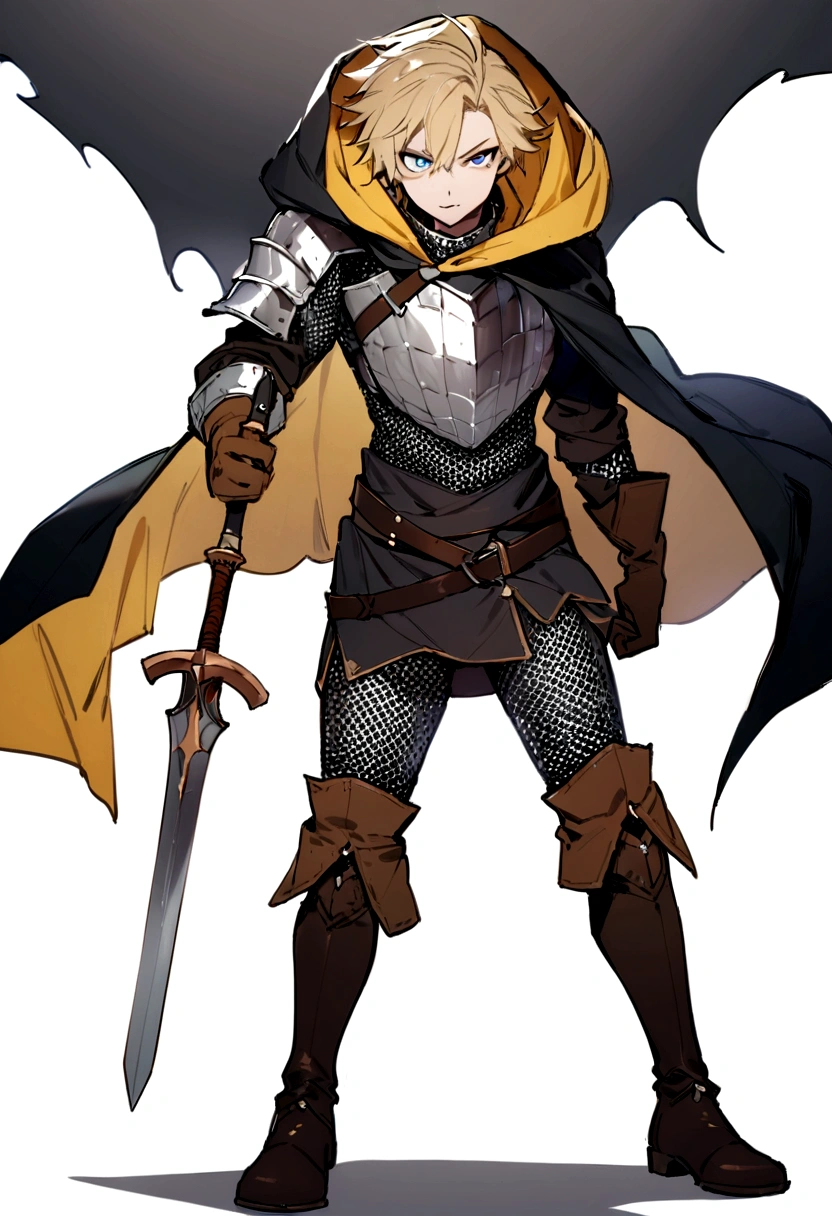 (best quality, masterpiece, (highres), original, extremely detailedshmh,1 man, solo, weapon, sword, holding weapon, holding, holding hammer, chainmail armor, gloves, hood, white background, brown gloves, blue eyes, half body, boots, standing, simple background, looking at viewer, blonde hair, cape, scare in face,