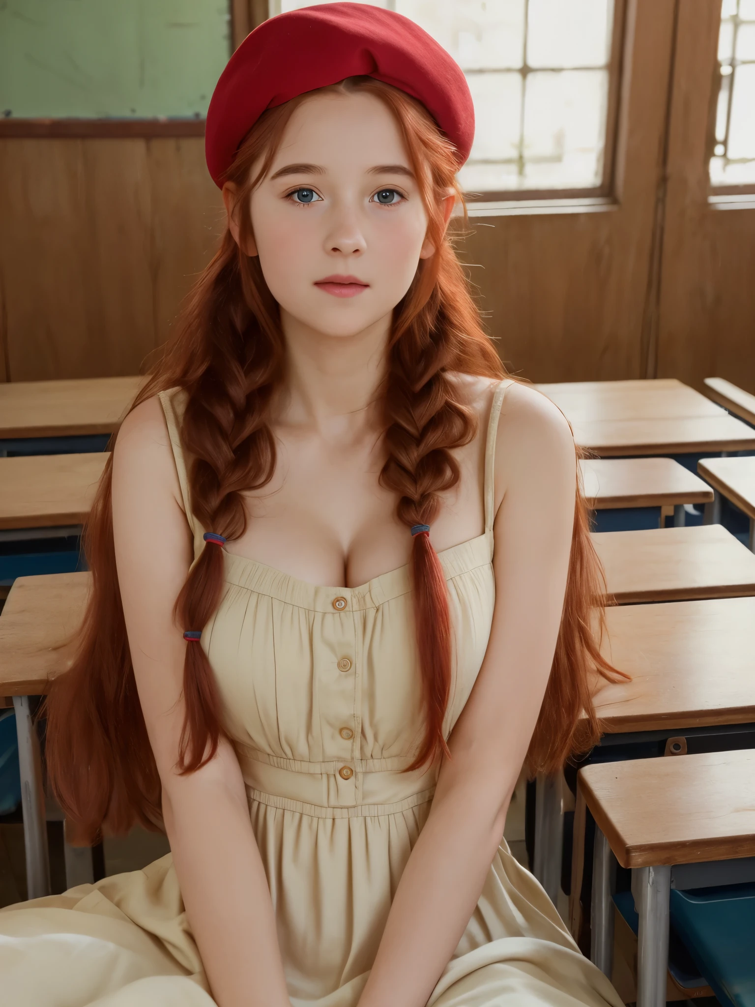 (best quality,4k,8k,highres,masterpiece:1.2),ultra-detailed,(realistic,photorealistic,photo-realistic:1.37), ((a girl in classroom, she wears long dress and beret, shy, braided red hair, pale skin)), ((slim body, very large bust size for her young age))