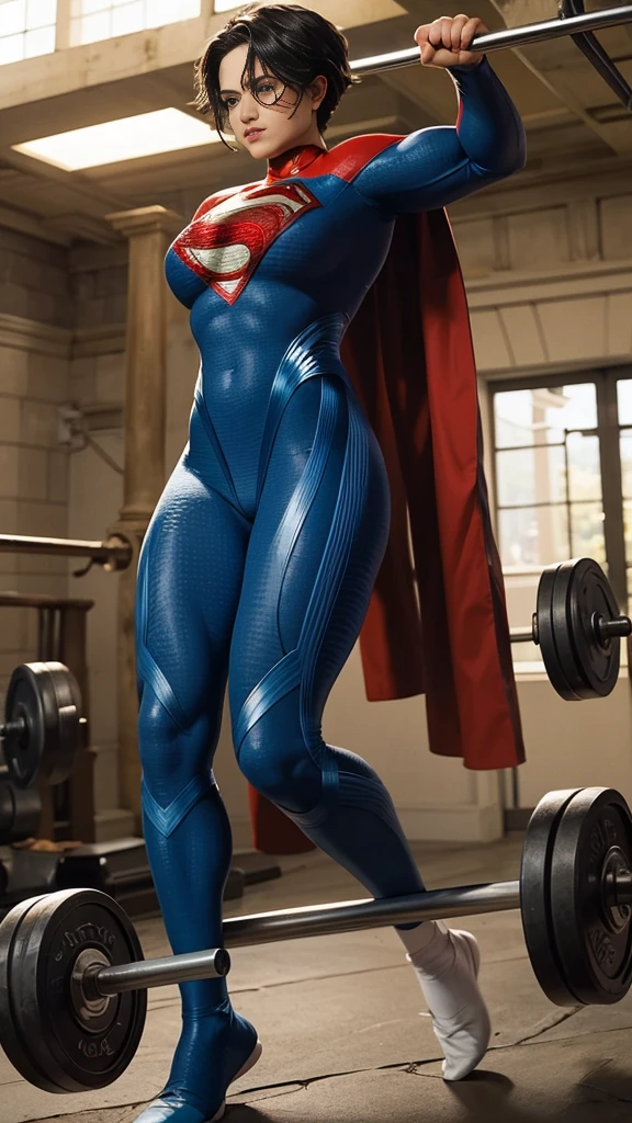 solo, 1girl, 5uper, supergirl, black hair, pixie haircut, blue eyes,muscular thick strong body,big bulging biceps, blue bodysuit,posing,flexing, long sleeves,in gym,lifting weights,high detail,realistic
