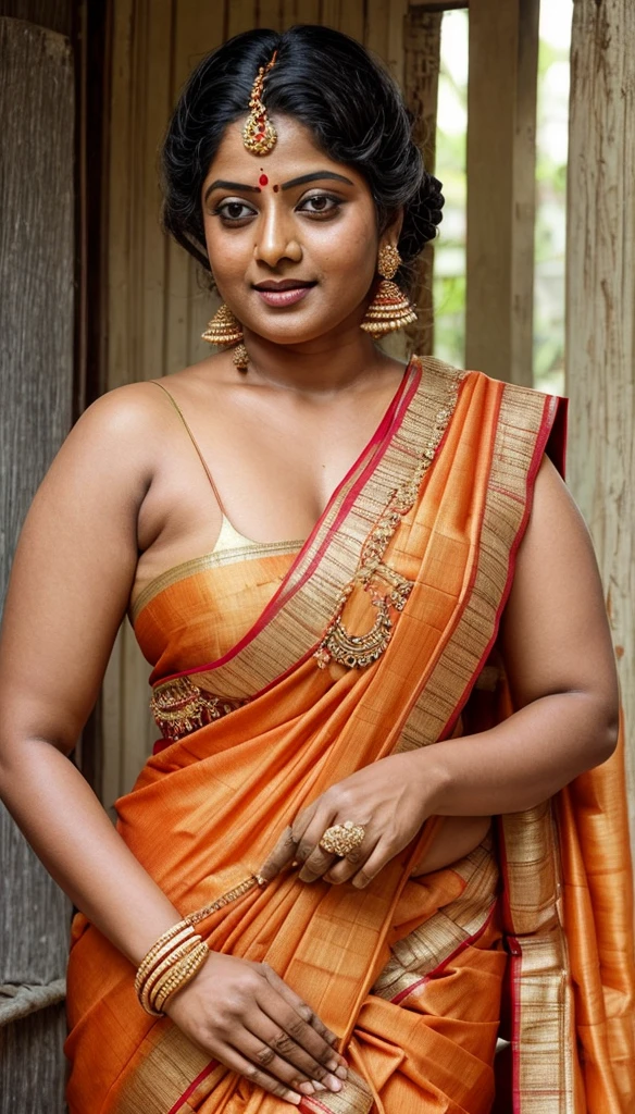 An Extremely gorgeous and beautiful Bengali village woman, 45 yo, pale white skin, sensual appealing body, perfect thick and chubby Beauty, wearing saree bare-chested, curvy, sexy navel folds, fleshy figure, Bengali village style saree, wearing a Bengali-style saree without a blouse,, ethnic vintage bengali village woman, bengali style saree, The sari was worn without a blouse and petticoat before the British Raj, baring one's chest or being blouseless, simple village ornaments, Bengalis a.k.a. Bongs are known for their unique Bengali fashion sense (the way they don that sari makes you go wow), Pre British Raj, Pre colonial era, Bengali Woman draping sari without blouse is a normal thing in pre British Era, bong woman, fine Art photography, artistic photography, sensually appealing, aesthetic, sensual, spicy hot, sensational, ethnic traditional beauty, skin pores, skin texture, veins, sweat,