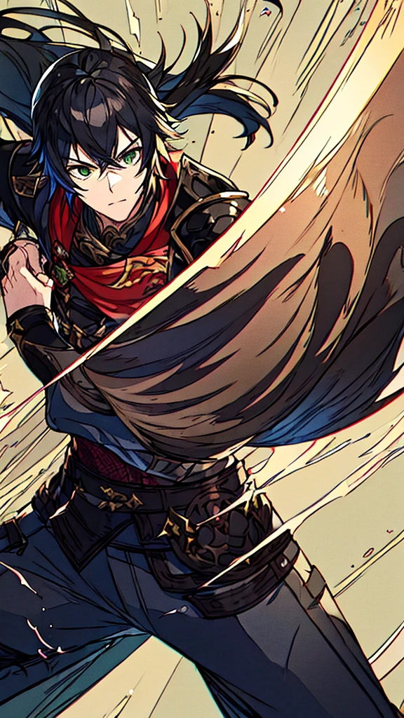 (((Only one character))), Profile, 1 boy, male, whiteskin, red half black hair, green eyes, Kaeya Genshin Impact, Final Fantasy XIV, attack stance.