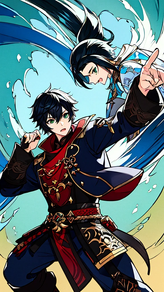 (((Only one character))), Profile, 1 boy, male, whiteskin, red half black hair, green eyes, Kaeya Genshin Impact, Final Fantasy XIV, attack stance.