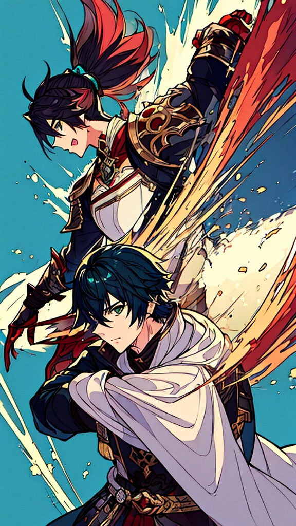 (((Only one character))), Profile, 1 boy, male, whiteskin, red half black hair, green eyes, Kaeya Genshin Impact, Final Fantasy XIV, attack stance.