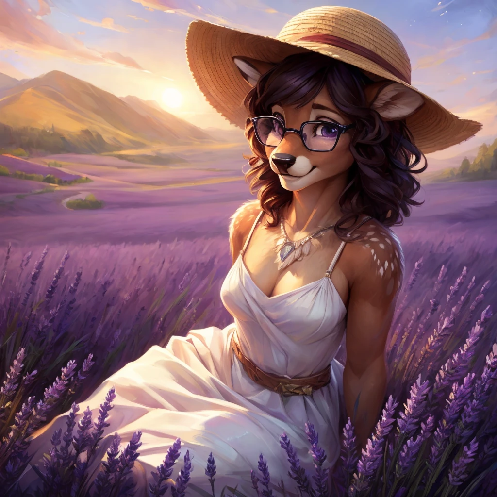 uploaded on e621, by Pixelsketcher, by Bayard Wu, by Thomas Benjamin Kennington , by Einshelm, by hioshiru and kenket, Chunie, portrait, solo anthro female deer doe, with small featureless breasts, clear dark blue, cinematic lighting, day, sunny day, lavender field, stays in a lavender field, lavender field background, mediterranean background, horizon background, shiny, short curly dark brown hair, wears big black nerd glasses, very very beautiful furry art, furry art, smiling, joyful, shiny, happy, feminine, cute face, muzzle, fluffy chest, flawless face, Fallow deer, 1girl, Sakimichan is beautiful, Masterpiece, Wavethesallow Face, shiny, Detailed image, portrait, Detailed image, portrait, full body, wearing pure white and wide spaghetti straps dress, wearing big and wide beige summer straw hat, shiny, realistic face, perfect anatomy, hourglass body, (furry body:1.1), anthropomorphic deer, looks at the viewer, small fluffy tail, detailed background, (cute anatomy:1.1), stands in a lavender field