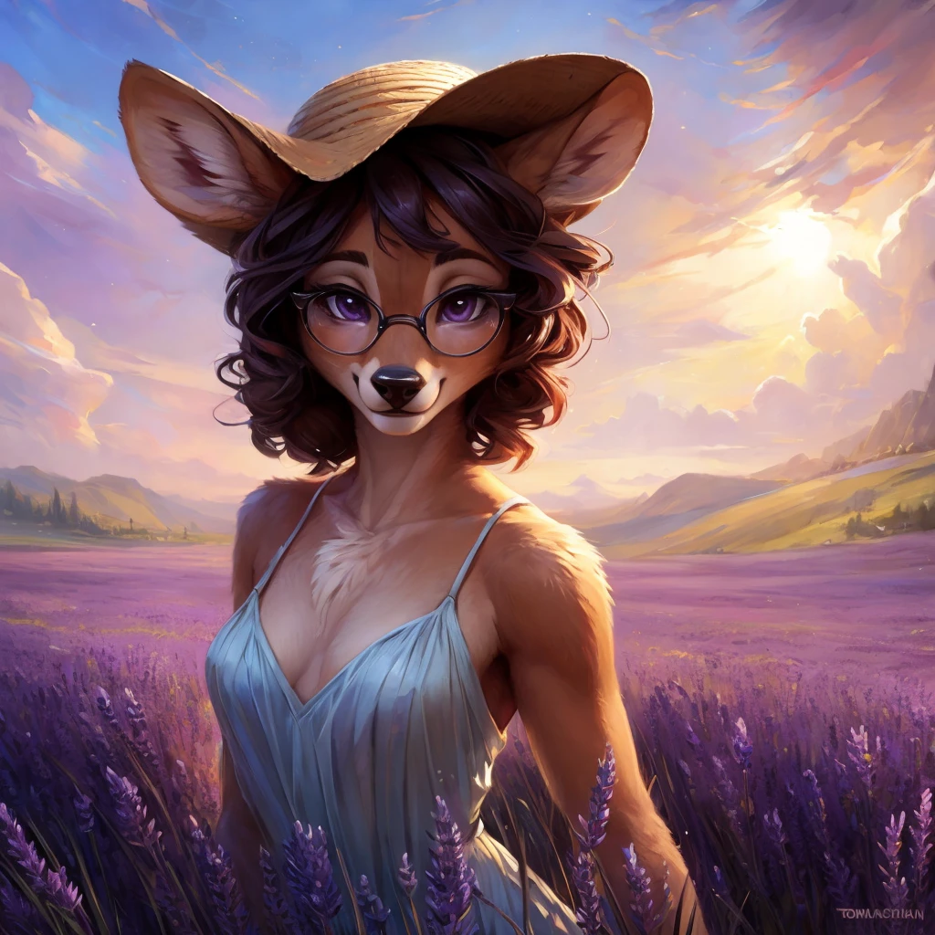 uploaded on e621, by Pixelsketcher, by Bayard Wu, by Thomas Benjamin Kennington , by Einshelm, by hioshiru and kenket, Chunie, portrait, solo anthro female deer doe, with small featureless breasts, clear dark blue, cinematic lighting, day, sunny day, lavender field, stays in a lavender field, lavender field background, mediterranean background, horizon background, shiny, short curly dark brown hair, wears big black nerd glasses, very very beautiful furry art, furry art, smiling, joyful, shiny, happy, feminine, cute face, muzzle, fluffy chest, flawless face, Fallow deer, 1girl, Sakimichan is beautiful, Masterpiece, Wavethesallow Face, shiny, Detailed image, portrait, Detailed image, portrait, full body, wearing pure white and wide spaghetti straps dress, wearing big and wide beige summer straw hat, shiny, realistic face, perfect anatomy, hourglass body, (furry body:1.1), anthropomorphic deer, looks at the viewer, small fluffy tail, detailed background, (cute anatomy:1.1), stands in a lavender field