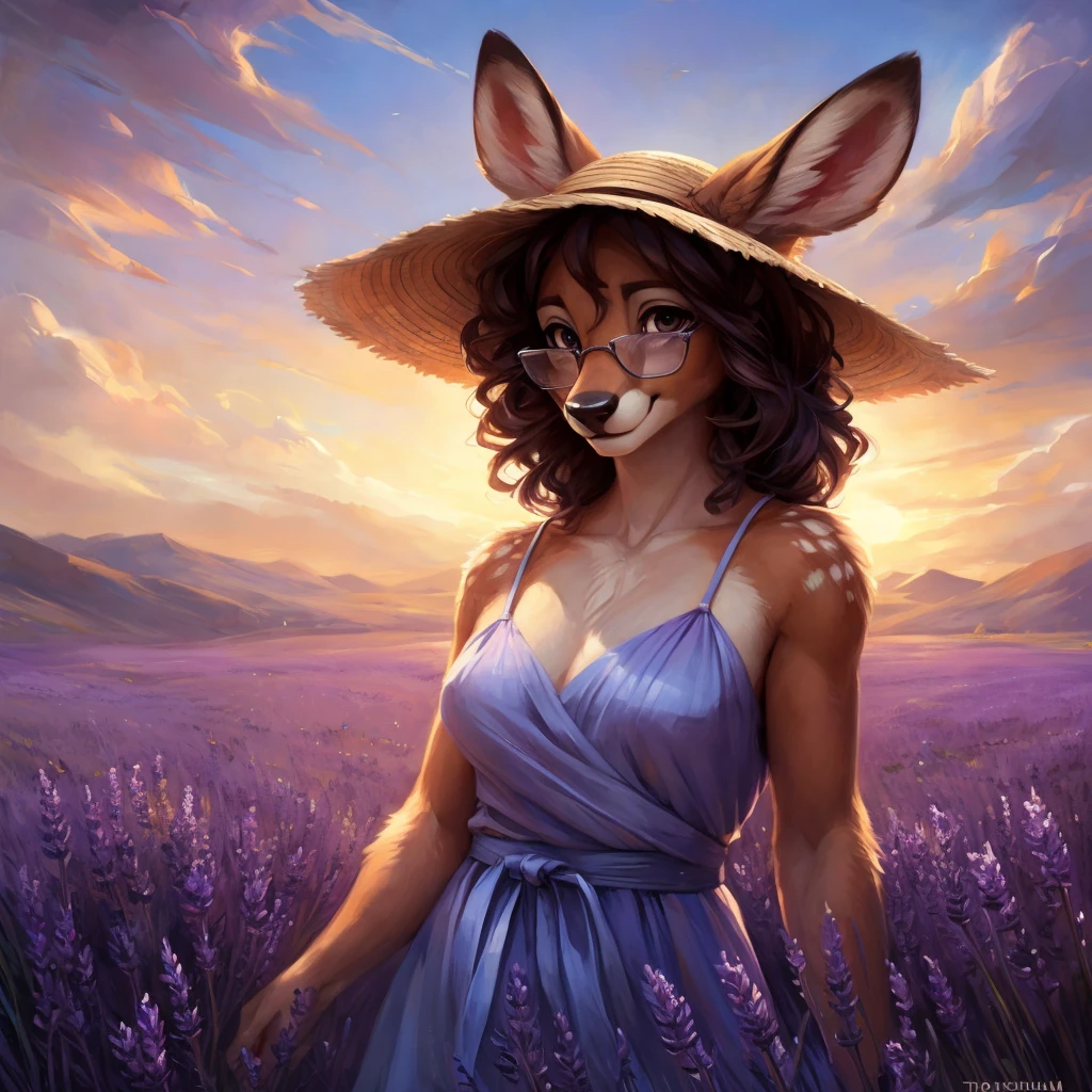 uploaded on e621, by Pixelsketcher, by Bayard Wu, by Thomas Benjamin Kennington , by Einshelm, by hioshiru and kenket, Chunie, portrait, solo anthro female deer doe, with small featureless breasts, clear dark blue, cinematic lighting, day, sunny day, lavender field, stays in a lavender field, lavender field background, mediterranean background, horizon background, shiny, short curly dark brown hair, wears big black nerd glasses, very very beautiful furry art, furry art, smiling, joyful, shiny, happy, feminine, cute face, muzzle, fluffy chest, flawless face, Fallow deer, 1girl, Sakimichan is beautiful, Masterpiece, Wavethesallow Face, shiny, Detailed image, portrait, Detailed image, portrait, full body, wearing pure white and wide spaghetti straps dress, wearing big and wide beige summer straw hat, shiny, realistic face, perfect anatomy, hourglass body, (furry body:1.1), anthropomorphic deer, looks at the viewer, small fluffy tail, detailed background, (cute anatomy:1.1), stands in a lavender field
