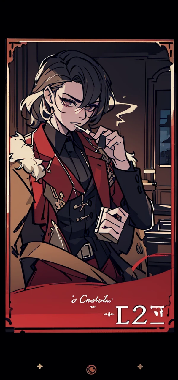 a young man, wavy hair, 1920s attire, 1920s scene, smoking a cigarette, holding playing cards, casino, (best quality,4k,8k,highres,masterpiece:1.2),ultra-detailed,(realistic,photorealistic,photo-realistic:1.37),detailed facial features,exquisite details,intricate textures,dramatic lighting,moody atmosphere,warm color tones,classic 1920s style,elegant vintage aesthetics,cinematic composition,chiaroscuro lighting,dramatic shadows,casino interior,ornate decor,gambling theme,smoke effects,playing cards,suave expression