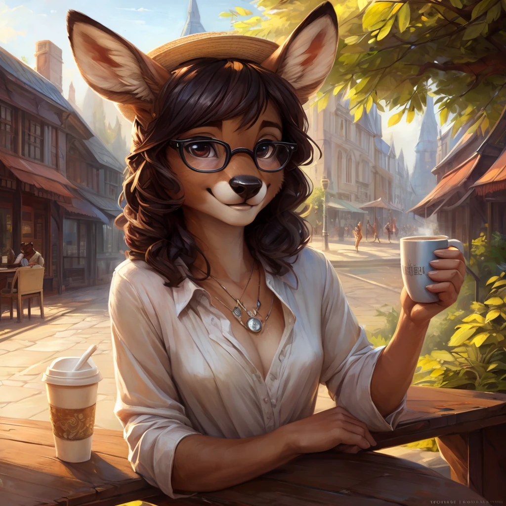 uploaded on e621, by Pixelsketcher, by Bayard Wu, by Thomas Benjamin Kennington , by Einshelm, by hioshiru and kenket, Chunie, portrait, solo anthro female deer doe, tiny featureless breasts, tiny breasts, clear dark blue, cinematic lighting, day, sunny day, sitting outside at a café, café background, french background, old french background, shiny, short curly dark brown hair, short hair, wears big black nerd glasses, very very beautiful furry art, furry art, thoughtful, shiny, feminine, cute face, muzzle, fluffy chest, flawless face, Fallow deer, 1girl, Sakimichan is beautiful, Masterpiece, Wavethesallow Face, shiny, Detailed image, portrait, Detailed image, portrait, wears pure white wide, big blouse, wears beige summer straw hat, shiny, realistic face, perfect anatomy, hourglass body, anthropomorphic deer, happy, very happy, small ears, huge black nerd glasses, wide happy eyes, look at viewer, smiles, big smile, holds with both hands a cup of coffee, hourglass body, (furry body:1.1), anthropomorphic deer, small fluffy tail, detailed background, (cute anatomy:1.1), looks into the distance