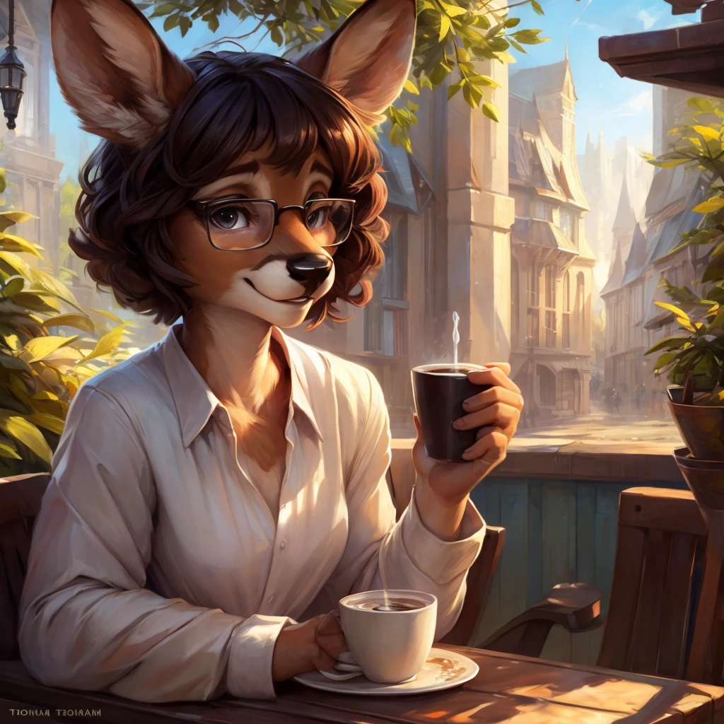 uploaded on e621, by Pixelsketcher, by Bayard Wu, by Thomas Benjamin Kennington , by Einshelm, by hioshiru and kenket, Chunie, portrait, solo anthro female deer doe, tiny featureless breasts, tiny breasts, clear dark blue, cinematic lighting, day, sunny day, sitting outside at a café, café background, french background, old french background, shiny, short curly dark brown hair, short hair, wears big black nerd glasses, very very beautiful furry art, furry art, thoughtful, shiny, feminine, cute face, muzzle, fluffy chest, flawless face, Fallow deer, 1girl, Sakimichan is beautiful, Masterpiece, Wavethesallow Face, shiny, Detailed image, portrait, Detailed image, portrait, wears pure white wide, big blouse, wears beige summer straw hat, shiny, realistic face, perfect anatomy, hourglass body, anthropomorphic deer, happy, very happy, small ears, huge black nerd glasses, wide happy eyes, look at viewer, smiles, big smile, holds with both hands a cup of coffee, hourglass body, (furry body:1.1), anthropomorphic deer, small fluffy tail, detailed background, (cute anatomy:1.1), looks into the distance