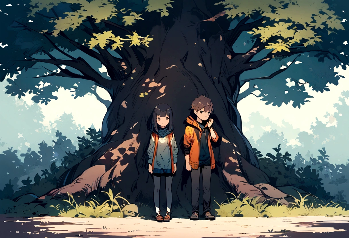 A boy and a girl standing back to back under a tree