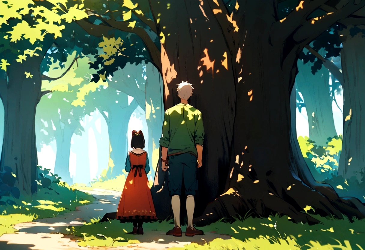 A boy and a girl standing back to back under a tree