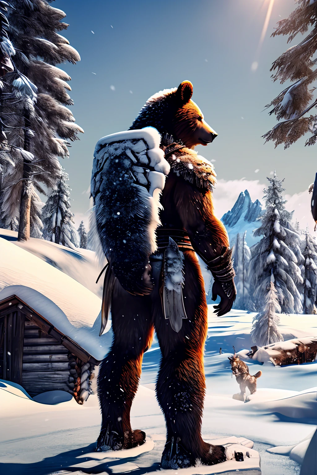 Bear mutant standing on two legs, snow background, Brutal!, put on warrior armor, Big claws, Thirsty for blood, Big one, Thick fur, no back panel, snow backgroundมืดมิด, conjunctivitis, Demonic Aura
