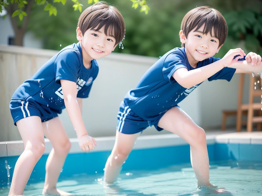 夏休みのprimary school校、Pool、primary school5Grade、Japan Boy、Glowing water splashes、A good boy dripping with water、hot day、Two Boys、Various poses、Short sleeve gym uniform、Blue shorts、physical education、barefoot,(Boy 1.4)、Boys only 、(10Age 1.4)