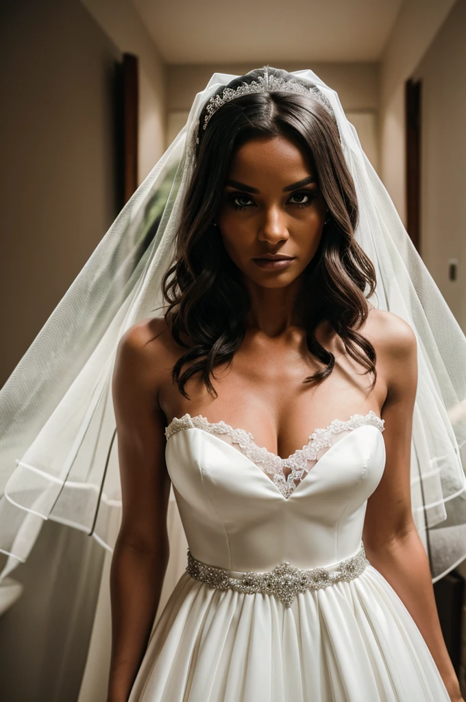 A scary looking women in her wedding dress