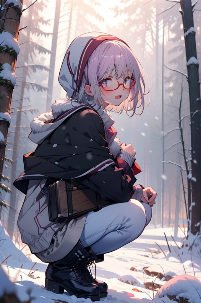 akaneshinjou, shinjou akane, Light purple hair, (Pink Eyes:1.2), short hair,Akagi Glasses,hair band,smile,blush,White Breath,Big Breasts,
Open your mouth,snow,Ground bonfire, Outdoor, boots, snowing, From the side, wood, suitcase, Cape, Blurred, having meal, forest, White handbag, nature, Squat, Mouth closed, Cape, winter, Written boundary depth, Black shoes, red Cape break looking at viewer, Upper Body, whole body, break Outdoor, forest, nature, break (masterpiece:1.2), Highest quality, High resolution, unity 8k wallpaper, (shape:0.8), (Beautiful and beautiful eyes:1.6), Highly detailed face, Perfect lighting, Highly detailed CG, (Perfect hands, Perfect Anatomy),