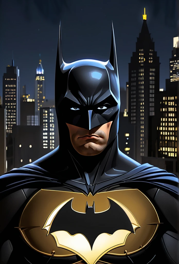 (high resolution) Detailed illustration of Batman in a dark cityscape, dressed in his iconic black and gold Batsuit, with a stern expression on his face [batman],[detailed illustration],[dark cityscape],[suit iconic],[ severe expression]. The artwork should show off the incredible details of Batman's suit, with intricate armor plates, a utility belt and an imposing bat emblem on his chest. The cityscape behind him should be filled with tall, gothic buildings, dimly lit by flickering streetlights, creating a mysterious and moody atmosphere. Batman's cape should flutter in the wind, adding a dynamic and dramatic element to the composition. Colors should be predominantly dark and desaturated, with touches of gold detailing on Batman's suit to highlight his superhero status. Lighting should emphasize shadows and highlights, casting dramatic shadows on Batman's face and body, enhancing the overall intensity of the scene.