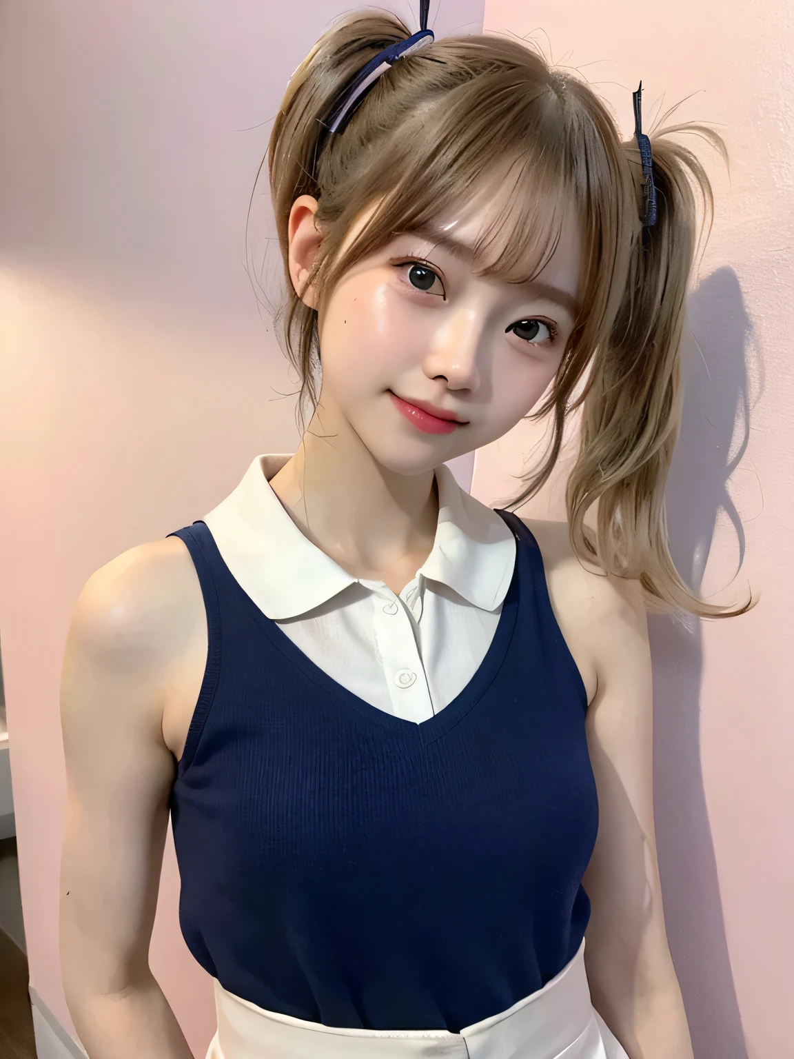 One person、10 years old、Full body photo,slender、woman、White drool coming out of the mouth、smile、、Blonde、Short Twin Tails、 Fair skin, messy hair, super cute、Soft and Face、8K resolution、Surreal、Ultra high definition、 A-cup small breasts（（Highest resolution、8K、masterpiece：1.3））、Ultra-fine face、Ultra Fine Lips、Beautiful Eyes、double eyelid,Pink wall、Sleeveless navy blue polo shirt、White Skirt、Thighs、thin,Thighsが見える、Shapely small breasts、sexy、So cute!