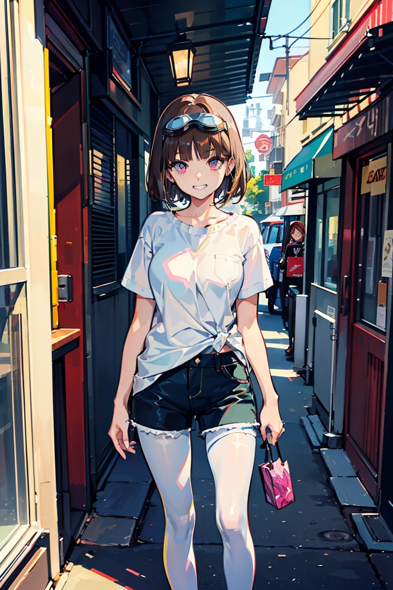(1 personのドワーフの女の子), (1 person), (super high quality), masterpiece, Open-necked clothing, Wear goggles on your head, (Brown Hair Color), (Colorful colors), Casual Scene, She is wearing fashionable clothes, Shorts, pantyhose, Street atmosphere, Perfect body, (E Cup:1.2), Grin, Fresh, (Asymmetrical bangs:1.3),Short Bob, (Highly detailed face and eyes), Sharp eyes, Digital Art, beautiful, Cinema Lighting, yusuke murata.tonality, Romanticism, modern art, Impressionism, reflected light, 8K, masterpiece, Advanced Details, Highest quality, Five Fingers,Accurate anatomy