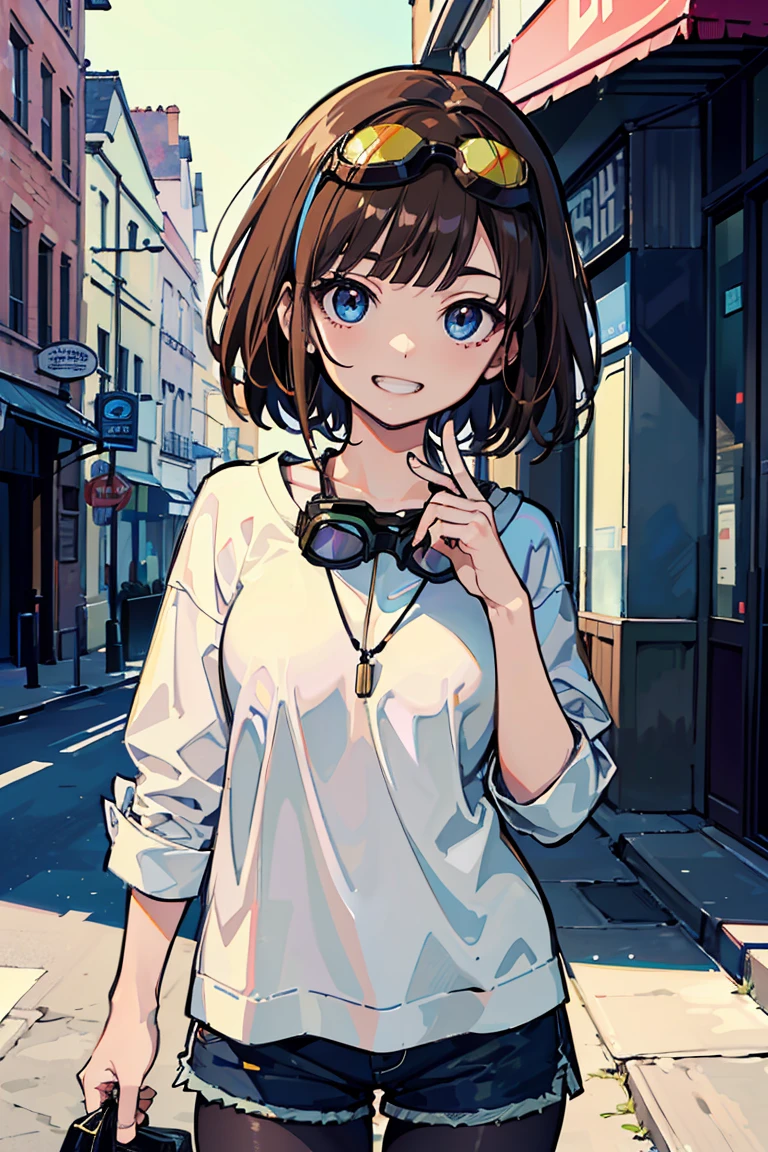 (1 personのドワーフの女の子), (1 person), (super high quality), masterpiece, Open-necked clothing, Wear goggles on your head, (Brown Hair Color), (Colorful colors), Casual Scene, She is wearing fashionable clothes, Shorts, pantyhose, Street atmosphere, Perfect body, (E Cup:1.2), Grin, Fresh, (Asymmetrical bangs:1.3),Short Bob, (Highly detailed face and eyes), Sharp eyes, Digital Art, beautiful, Cinema Lighting, yusuke murata.tonality, Romanticism, modern art, Impressionism, reflected light, 8K, masterpiece, Advanced Details, Highest quality, Five Fingers,Accurate anatomy
