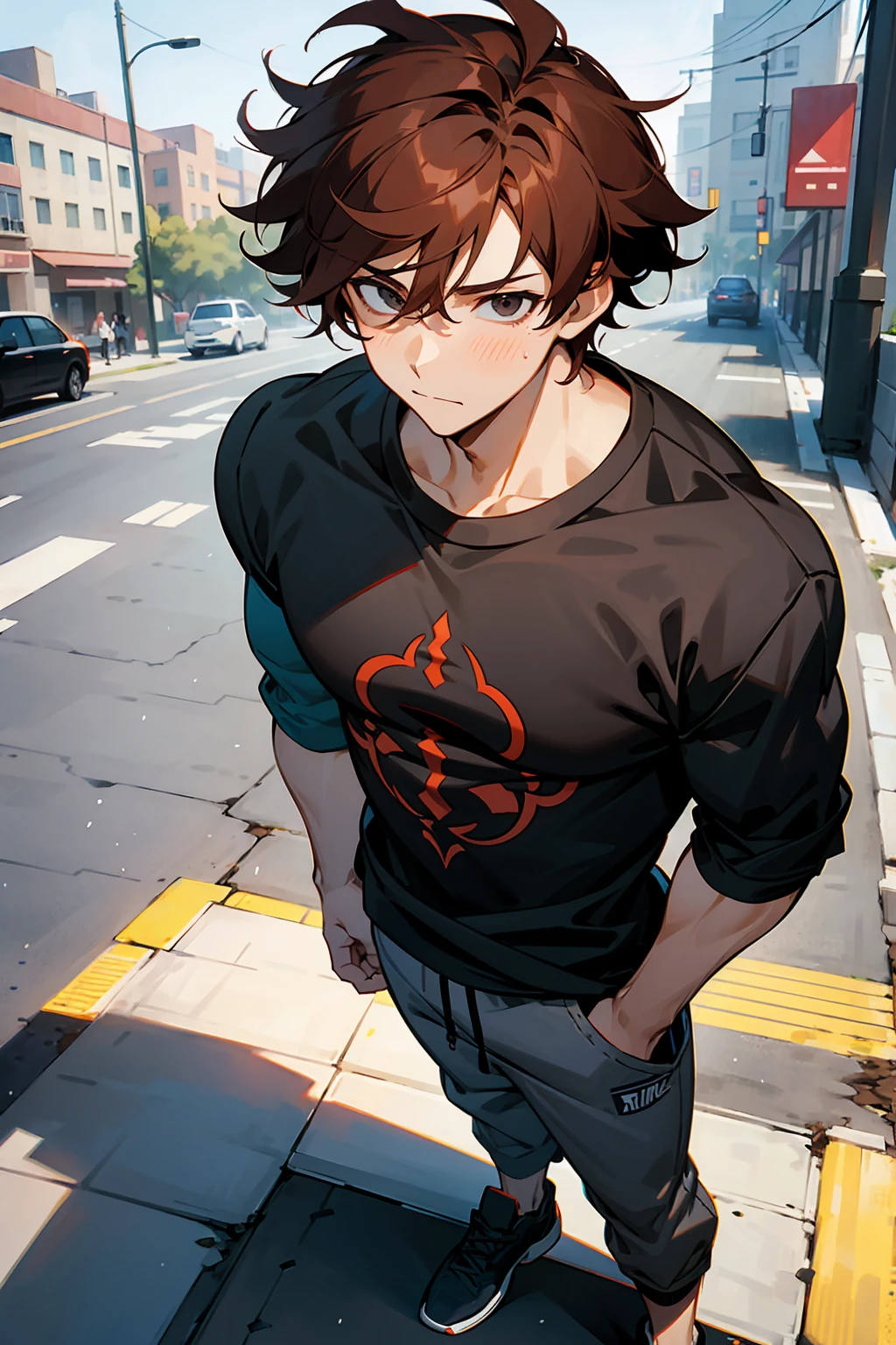 1male ,Reddish Brown Hair , Black Eyes , Messy Hair , Muscular , Longsleeve Blue T-Shirt , Grey Sweatpants , Standing on sidewalk , Calm Expression , Young Male , Perfect Generation